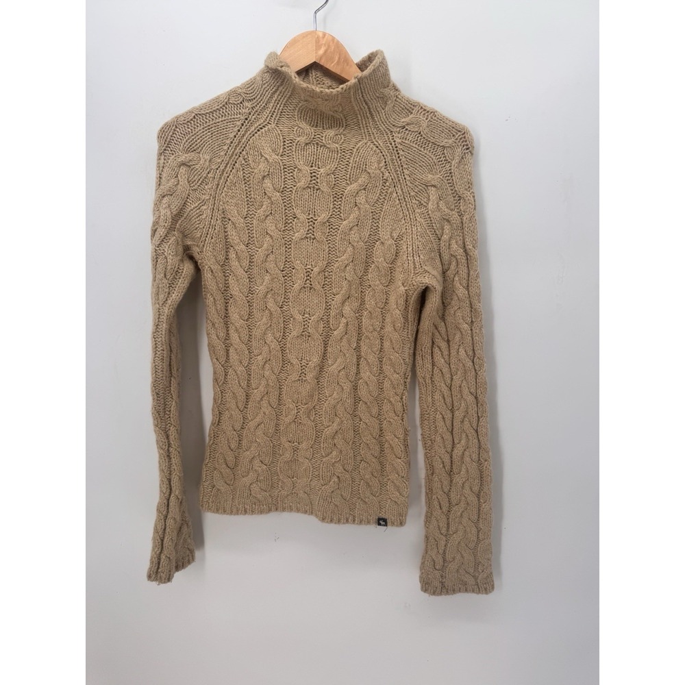Vintage 90s Abercrombie Fitch M Cable Knit Lambswool Sweater Y2K Turtleneck Beig